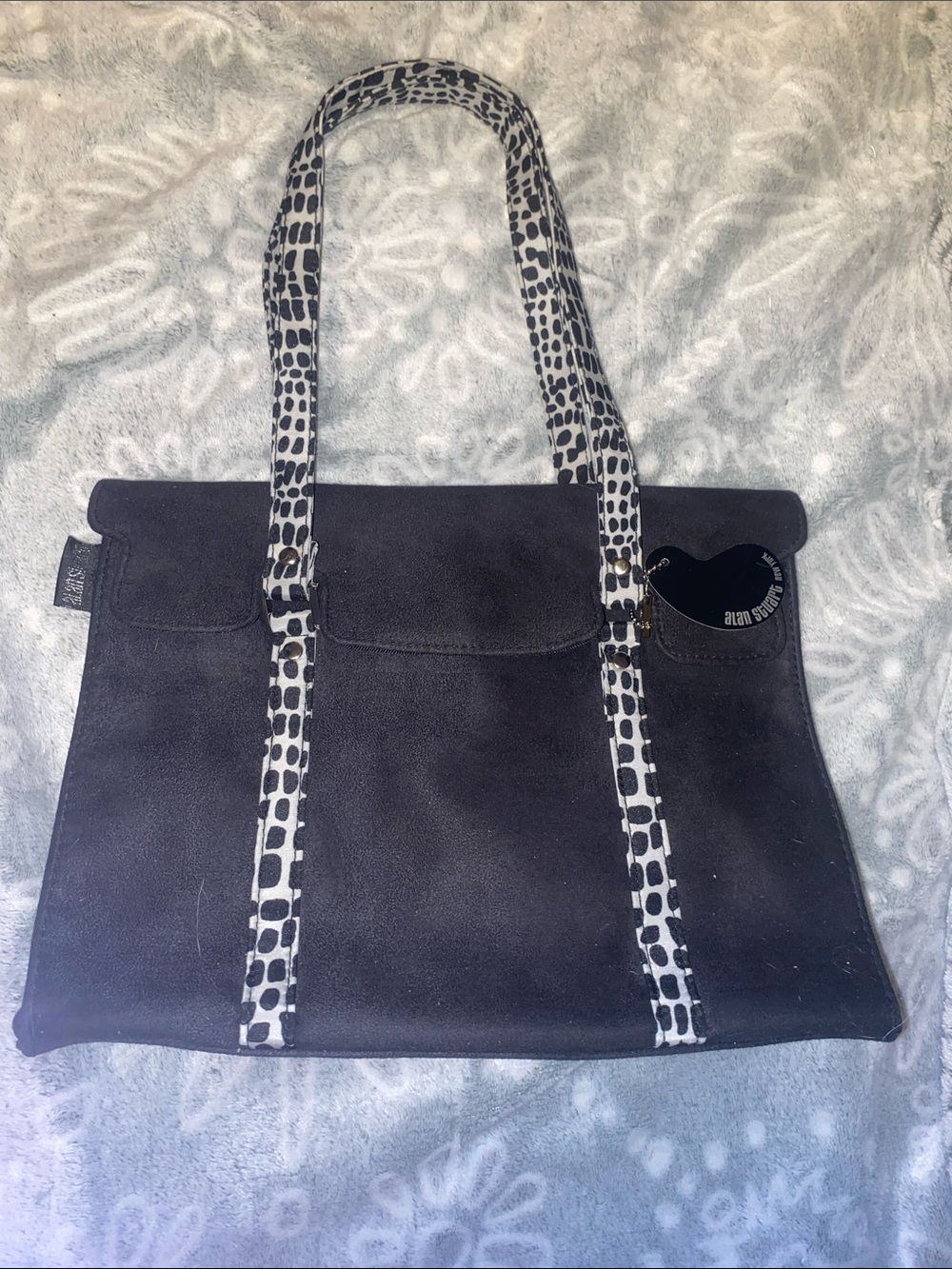 Alan Stuart Black Suede Tote with Black & White Patterned Straps